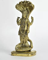 Brass Lord Vishnu standing idol, front view, detailed jewelry and long draped garment