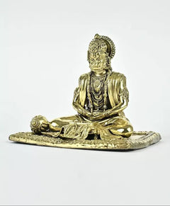 Brass Hanumanji idol front view, seated posture with layered necklaces and halo