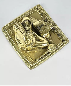 Brass Hanumanji idol underside view, engraved square platform with decorative borders
