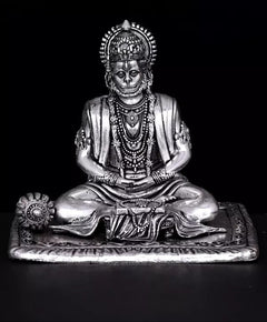 Brass-silver Hanumanji idol, seated cross-legged, detailed crown and necklaces