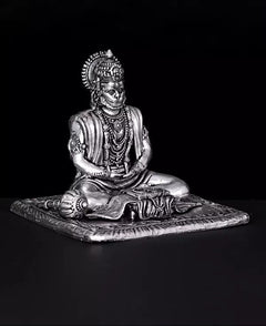 Brass-silver Hanumanji idol side view, hands on lap and layered bead necklaces