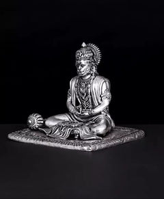 Brass-silver Hanumanji idol, side/rear angle with folded hands and ornate pedestal
