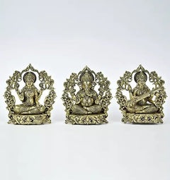 Small brass Lakshmi, Ganesha, and Saraswati seated statues, ornate arch back, 10 cm
