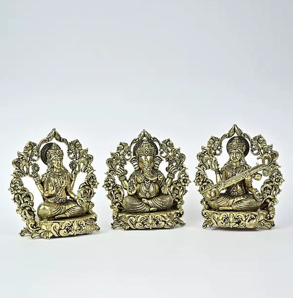 Small Superfine Brass Lakshmi Ganesha Saraswati Statues (Height : 10 cm)