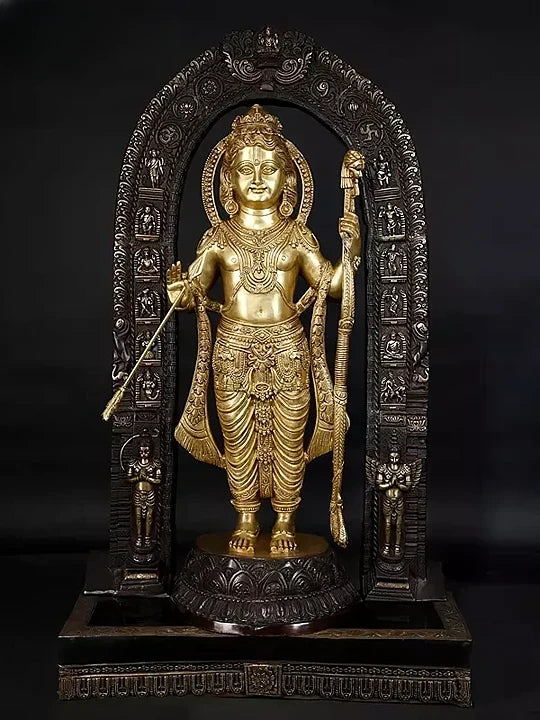 Large brass Ram Lalla statue, 53 in height, standing figure with arched frame