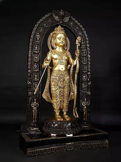 Ram Lalla brass statue, front view with raised arms, staff, and engraved arch