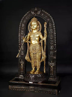 Brass Ram Lalla statue in ornate arched frame, full body with detailed garments