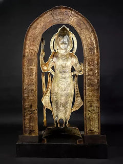 Reverse view of large brass Ram Lalla statue, arched halo frame and ornamentation