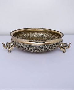 Brass elephant-design urli with ornate engraved rim and base, height 14 in