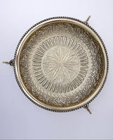Round brass urli with engraved floral pattern and central sunburst medallion, 14 in