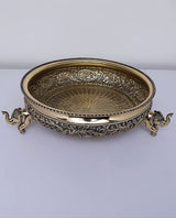 Brass elephant-design urli viewed from front, ornate scrollwork and 14 in height