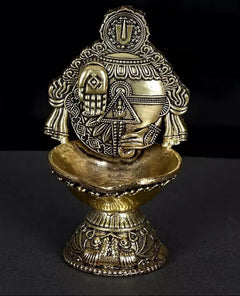 Brass Tirupati Balaji conch diya, 4 in height, seated deity with ornate base