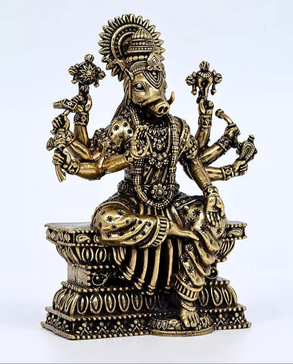 Superfine Brass Eight Armed Sitting Goddess Varahi Idol (Height :4 Inches)