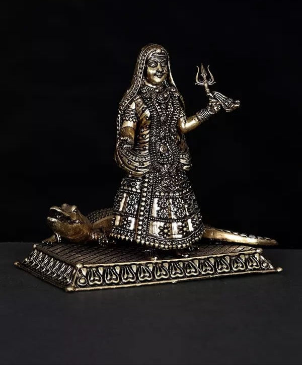 Superfine Brass Goddess Ganga with Her Vahana Makar Idol (Height :5 Inches)