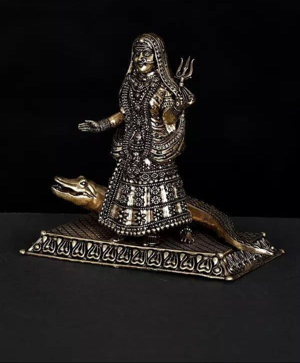 Superfine Brass Goddess Ganga with Her Vahana Makar Idol (Height :5 Inches)