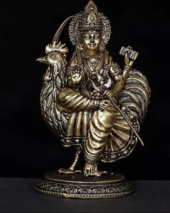Brass Bahuchara Mata idol, 4 in tall, goddess holding garland with a peacock figure