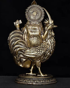 Brass Bahuchara Mata idol from back angle, chakra halo, peacock figure on pedestal base