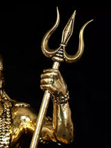 Close-up of Lord Shiva trident and upper arm on gold-toned brass idol