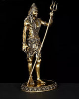 Full view standing Lord Shiva brass idol with trident and patterned round base