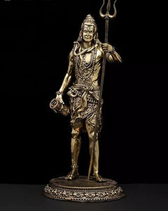Brass standing Lord Shiva idol facing forward, upright trident, ornate necklace and waist