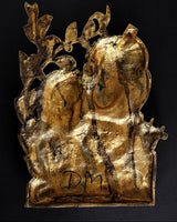 Brass Radha-Krishna wall idol in relief, side view with raised figures and halos