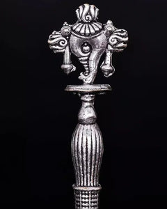 Silver-plated brass conch bell top finial with detailed animal head and curved handle