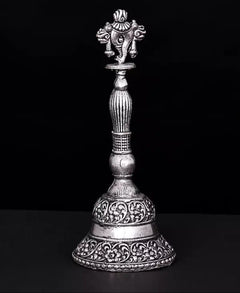 Brass conch bell with silver plating, detailed shaft and engraved dome base, 4.3 in