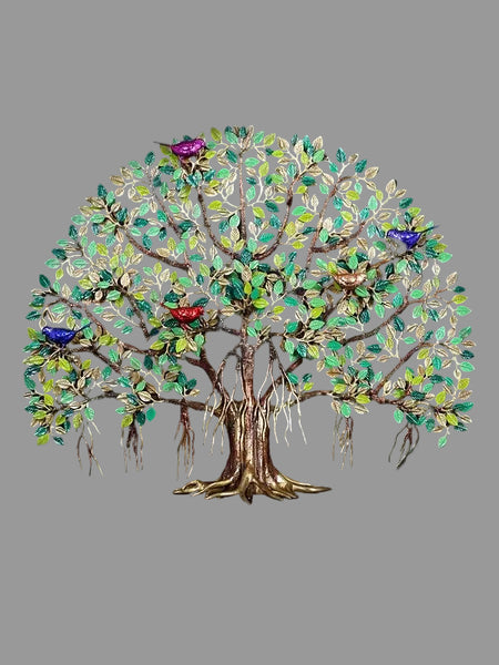 Large Brass Tree of Life Wall Art with Colorful Inlay Work & Chirping Birds | Decorative Home Décor (Height: 28 Inches)
