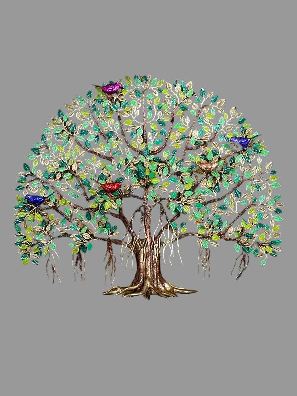 Large Brass Tree of Life Wall Art with Colorful Inlay Work & Chirping Birds | Decorative Home Décor (Height: 28 Inches)