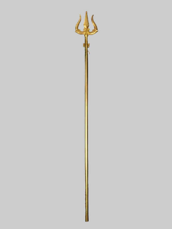 Brass trishul with three prongs on top and slender vertical shaft