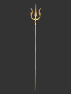 Brass trishul trident ornament with three-prong top and long staff, pointed tip.