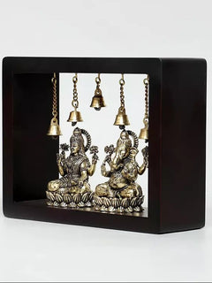 Brass Lakshmi and Ganesha wall hanging with five bells suspended from top