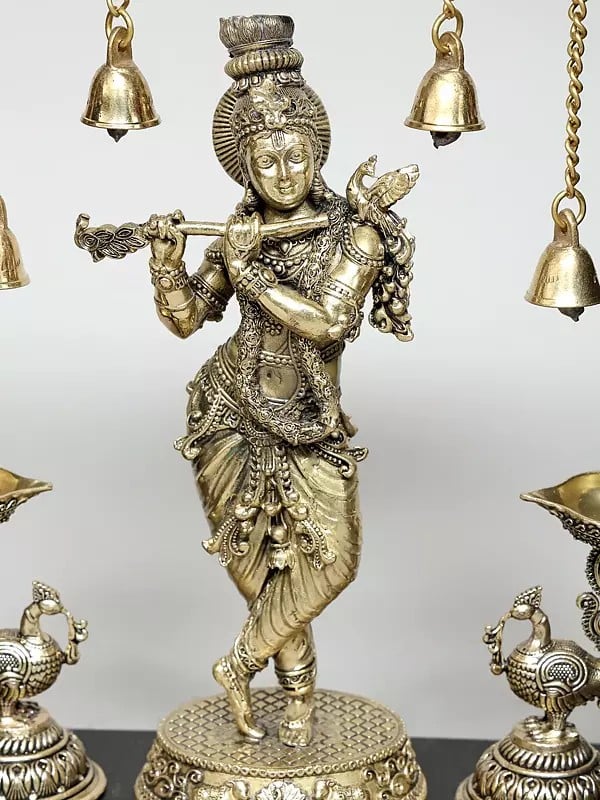 Brass Superfine Lord Krishna with Lamps and Bells Wall hanging (Height :11 Inches) Craft Detail