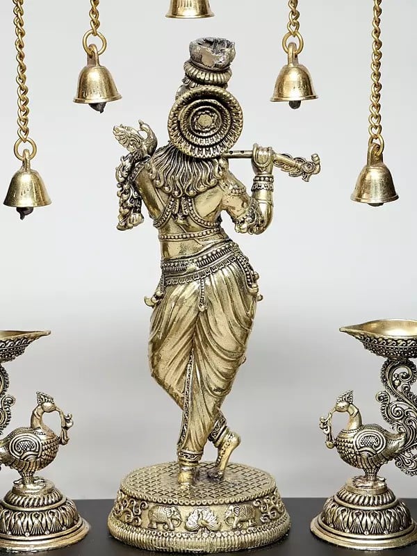 Brass Superfine Lord Krishna with Lamps and Bells Wall hanging (Height :11 Inches)
