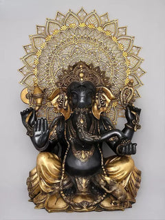 Large brass Ganesha statue, seated blessing gesture, ornate mandala halo