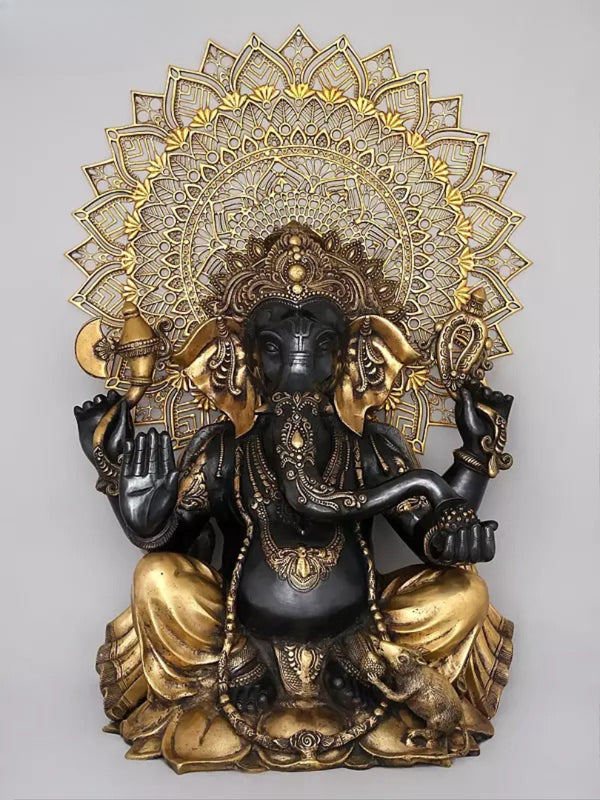 Brass Large Chaturbhuja Lord Ganesha in Blessing Gesture with Mandala Backdrop Sculpture (Height 40 Inches)