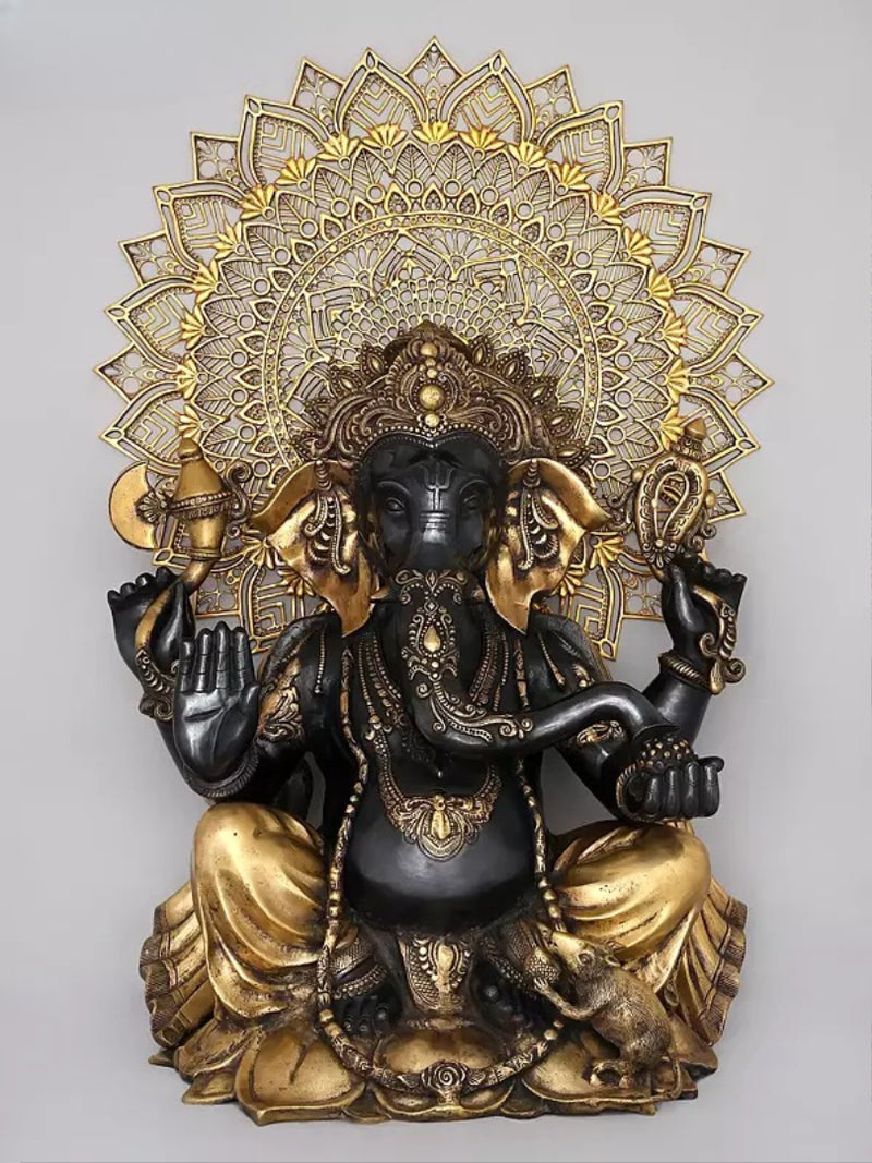 AONA Brass Large Chaturbhuja Lord Ganesha in Blessing Gesture with Mandala Backdrop Sculpture