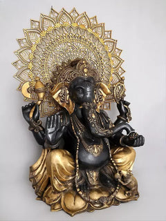 Brass Ganesha statue, seated with four arms, detailed mandala halo (AONA)