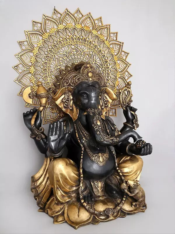 Brass Large Chaturbhuja Lord Ganesha in Blessing Gesture with Mandala Backdrop Sculpture (Height 40 Inches) Entryway Setting
