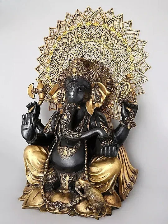 Brass Large Chaturbhuja Lord Ganesha in Blessing Gesture with Mandala Backdrop Sculpture (Height 40 Inches) Study Setting