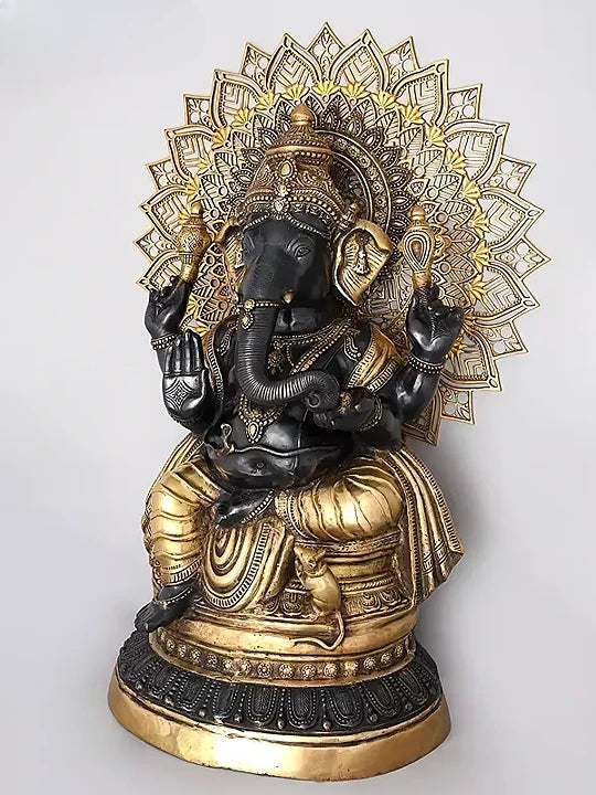 Brass Large Four Armed Blessing Lord Ganesha with Mandala Backdrop Sculpture (Height 40 Inches)