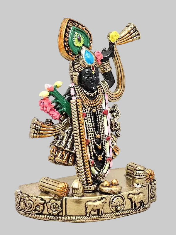 Small Brass Shrinathji Statue – Divine Form of Lord Krishna  (Height: 4 Inches) Study Setting