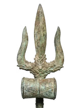 Brass trishul spear ornament with three prongs and crossed bands, front view