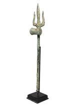 Brass trishul spear ornament on square base, three-prong top and long shaft
