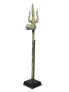Brass trishul spear ornament on square base, three-prong top and long shaft