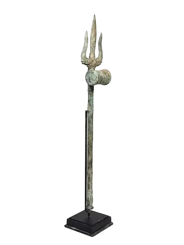 Brass Trishul of Lord Shiva with Wood Base (Height: 46 Inches)