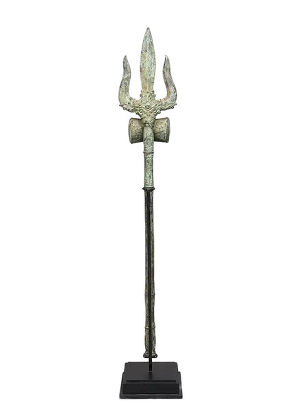 Brass Trishul of Lord Shiva with Wood Base (Height: 46 Inches)