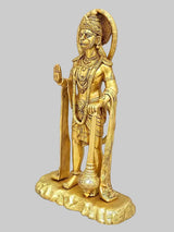 Brass Hanuman statue in profile, blessing hand raised, ornate standing figure, base