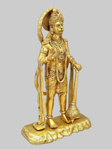 Brass Hanuman statue holding staff, blessing pose, engraved details, standing on base