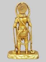Brass Hanuman statue showing back pose, raised tail, on round platform base